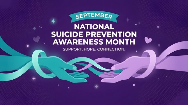 A purple themed graphic promoting september as national suicide prevention awareness month featuring two hands reaching out together