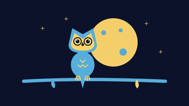 Blue Owl Blinking On A Branch Against A Full Moon At Night