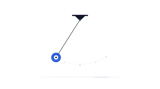 Blue pendulum swinging back and forth on a clean white background in motion