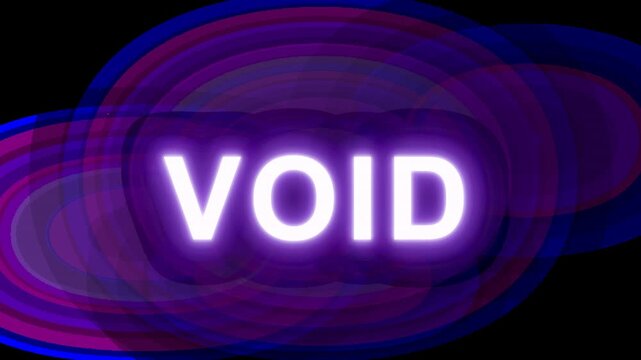 The word VOID glowing in bright white letters, set against a dark, abstract background with purple and blue concentric circles