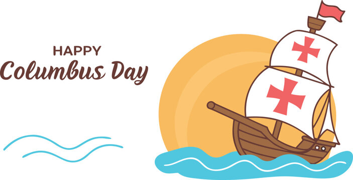 Happy Columbus Day sailing ship with cross sails and wavy ocean vector illustration