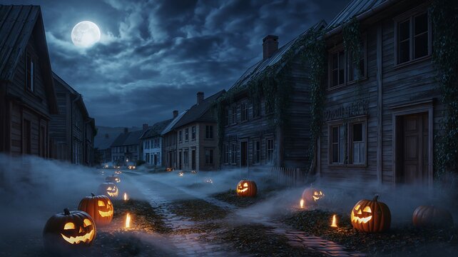 Spooky illuminated jack o lanterns on a snowy street at night