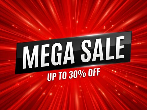 A vibrant mega sale promotional graphic featuring bold white text over a dynamic red background with light rays
