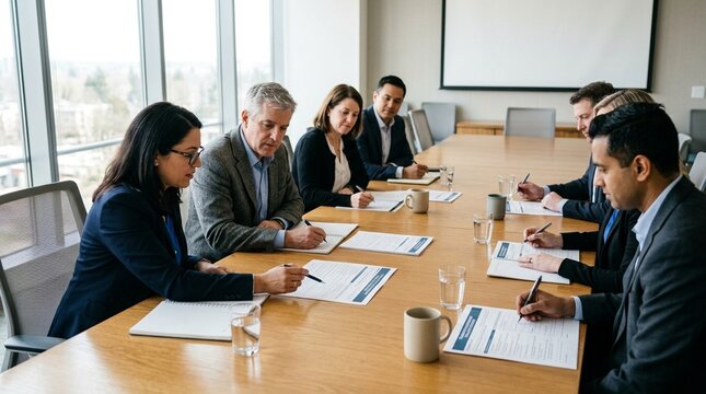 Governance committee reviewing a printed medical staff disciplinary action summary around a table