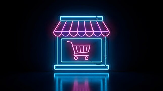A glowing neon sign featuring a stylized storefront icon with a shopping cart centered on a dark black background