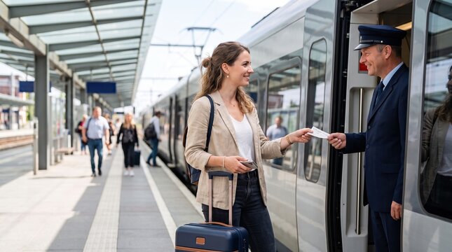 A woman stands on the platform of a train station. She smiles as she hands her ticket to a conductor. Other passengers wait nearby. It is daytime and the station is active