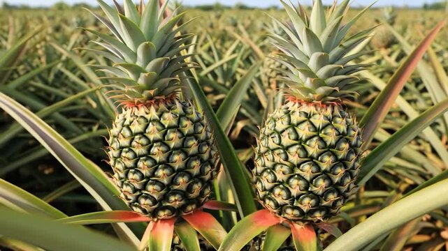 Two fresh pineapples growing naturally together inside vibrant tropical plantation during daytime