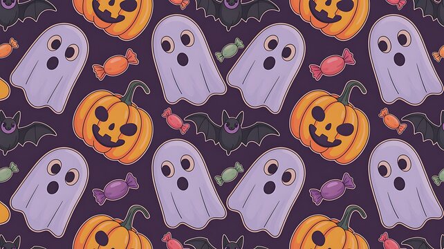 Seamless halloween pattern with cute ghosts and jack o lantern pumpkins