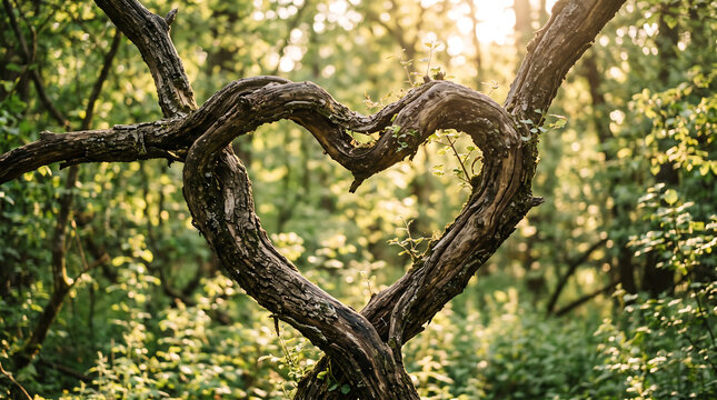 Heart shaped intertwined tree branches forming natural love symbol in lush green forest setting