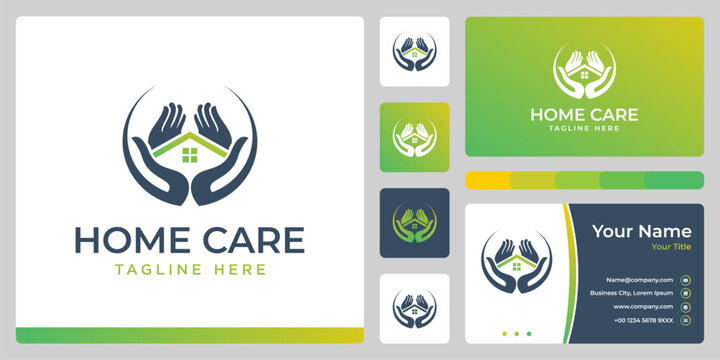 Home Care Logo Template with House and Helping Hands Symbol. Business card design.
