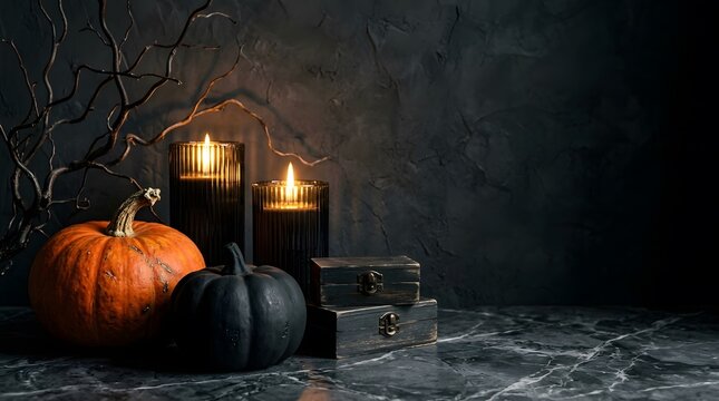 A moody halloween still life featuring glowing candles and pumpkins arranged against a dark and rustic textured stone wall