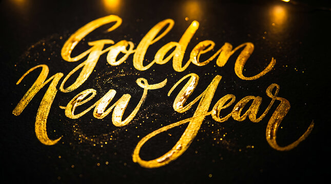 Elegant golden new year cursive calligraphy lettering on dark background