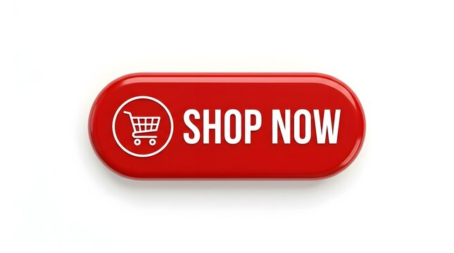 A glossy red rectangular button with rounded corners featuring a shopping cart icon and the text shop now