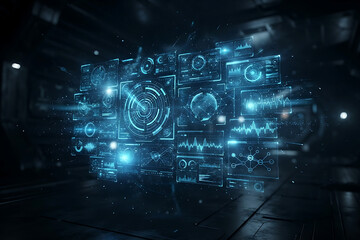 Fototapeta premium Futuristic cybernetic interface screen HUD with glowing digital particles in server room datacenter