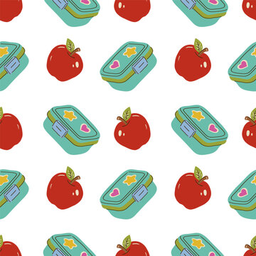 Back to school seamless pattern. Vector background with lunchbox and apple.