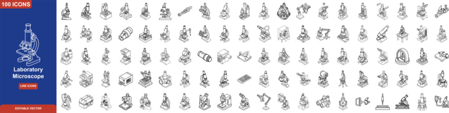 Laboratory Microscope Line Icon Set. Containing Optical, Digital, Electron, Fluorescence, Surgical, Industrial, Confocal, and Atomic Force Research Equipment