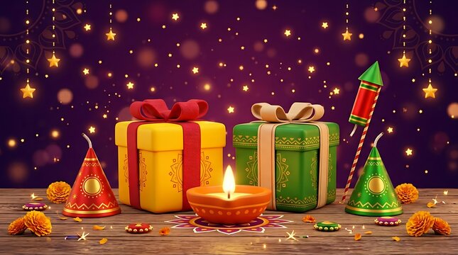 Diwali festival celebration background with gift boxes, traditional oil lamp diya, firecrackers, and marigold flowers on a wooden surface
