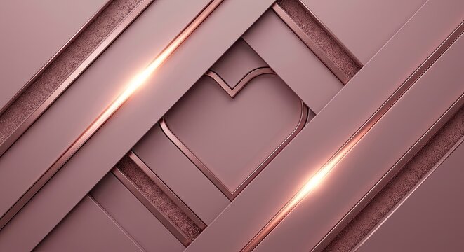 Luxury Rose Gold Heart 3D Abstract Background with Layered Metallic Bands and Glitter