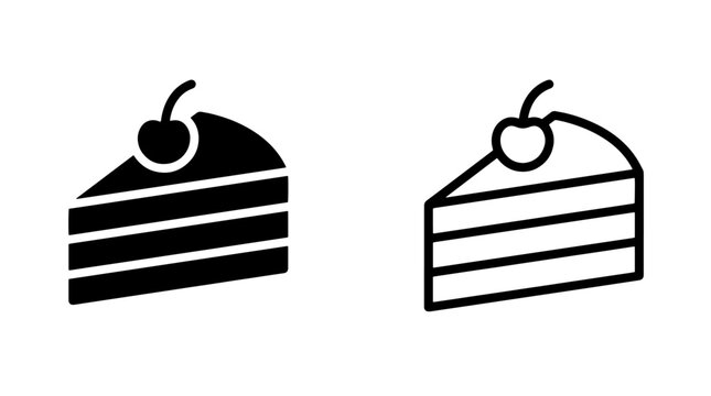 Cake slice with cherry icon set celebration birthday