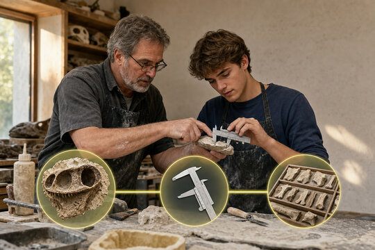 Instructor teaching fossil casting and measurement