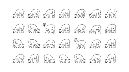 Minimalist alpaca line art pattern, set of 28 llama vector icons, simple black and white animal sketches for textile design and branding © Bilal