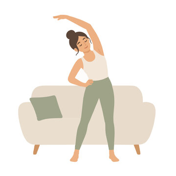 Woman stretching beside sofa hand-traced vector illustration in casual loungewear practicing morning side-bend exercise routine at home relaxation and wellbeing concept flat design