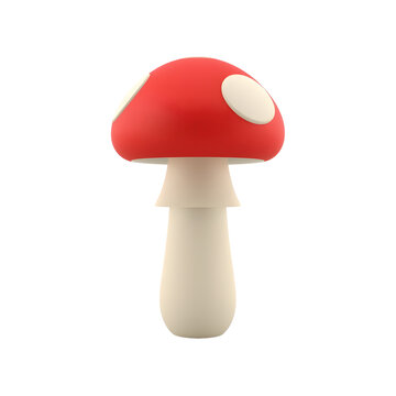 Vibrant red mushroom with white spots stands as a cute three dimensional icon against a clean solid white background surface