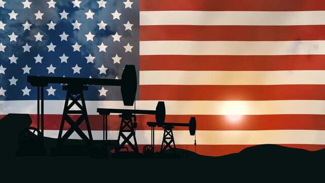 Oil rigs with the US flag, sunrise, and dynamic clouds in the background. 4K