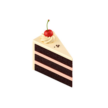 Delicious slice of dark chocolate cake topped with sweet white frosting and one bright red cherry on white isolated background