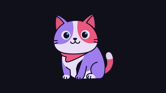 Cute Cartoon Cat Character With A Red Scarf Sitting On Dark Background