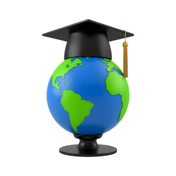 Blue world globe wearing black graduation cap with gold tassel isolated on white background depicting international education and global learning