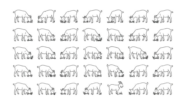Minimalist goat herd pattern vector, set of 35 grazing goats in line art style, black and white farm animal icons for agricultural branding