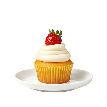 Delicious vanilla cupcake topped with fresh bright red strawberry resting on a clean white ceramic saucer against isolated empty background