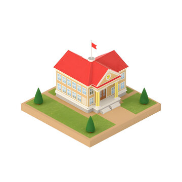 Isometric school building with a vibrant red roof features a classic clock tower architecture on a clean white background setting