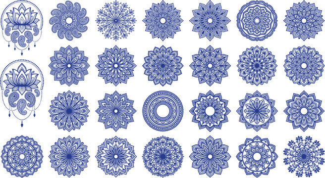 Blue Mandala and Lotus Flower Icon Set with Geometric Lace Patterns for Henna, Tattoos, Meditation Crafts, and Decorative Graphic Designs