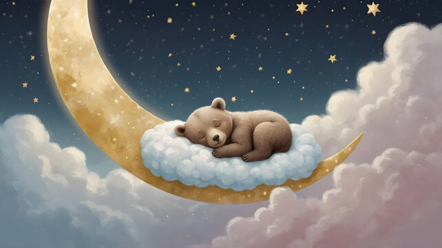 Sweet fantasy illustration of a fluffy baby bear sleeping soundly on a cloud bed against a dark night sky filled with shiny stars.