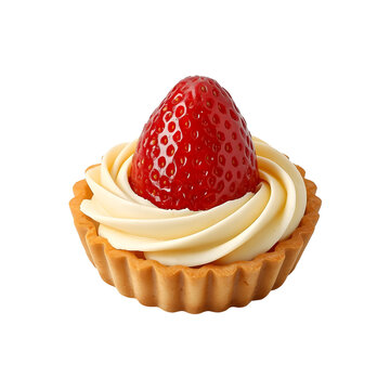Fresh strawberry tart featuring rich white cream filling inside a crispy golden pastry crust isolated on a clean white background
