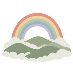 Fototapeta premium Hand-drawn pastel rainbow arching above misty rolling hills with soft cloud wisps, vintage vector illustration icon for nature and weather graphics