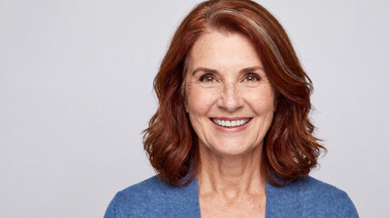 Fototapeta premium Studio portrait of a smiling mature woman with medium length red hair wearing a blue top against a neutral grey background