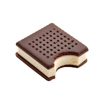 Vanilla ice cream sandwich with a chocolate cookie coating showing a large bite taken out on a clean white background