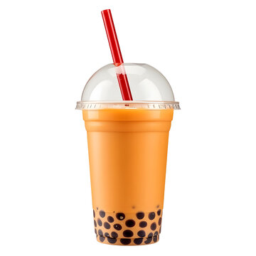 Refreshing thai milk tea with chewy tapioca pearls served in a clear plastic cup with a vibrant red drinking straw
