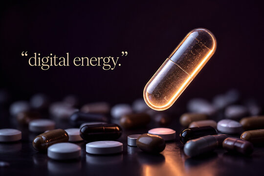 A glowing digital energy capsule floats above scattered pills in a dark setting.