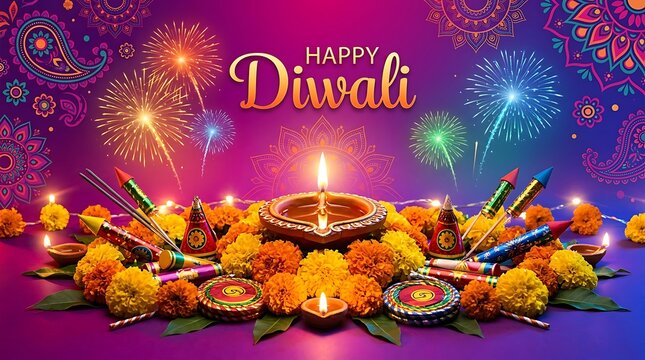 Happy diwali greeting card with traditional oil lamps, marigold flowers, and colorful firecrackers against a festive purple background with fireworks