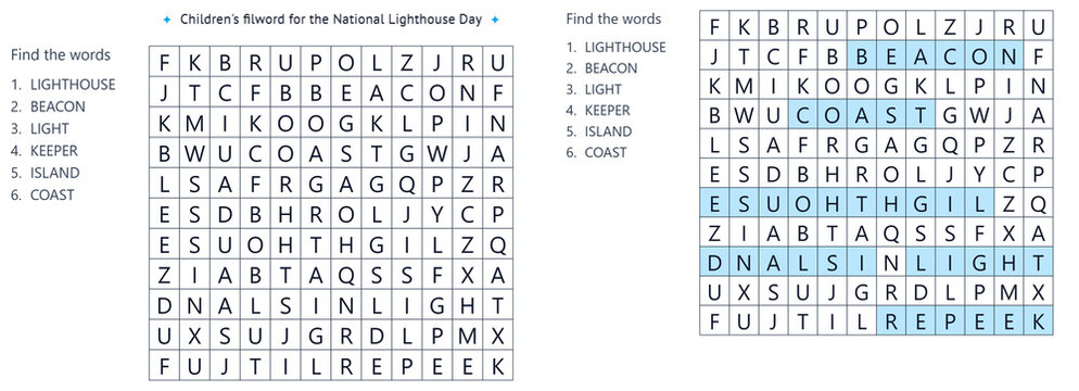 Сhildren's word search puzzle vector in blue and white for National Lighthouse Day education. Set 3-6.
