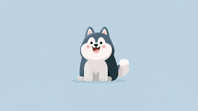 A cute cartoon husky puppy is sitting and smiling happily on a simple light blue background in a flat vector art style for a fun design