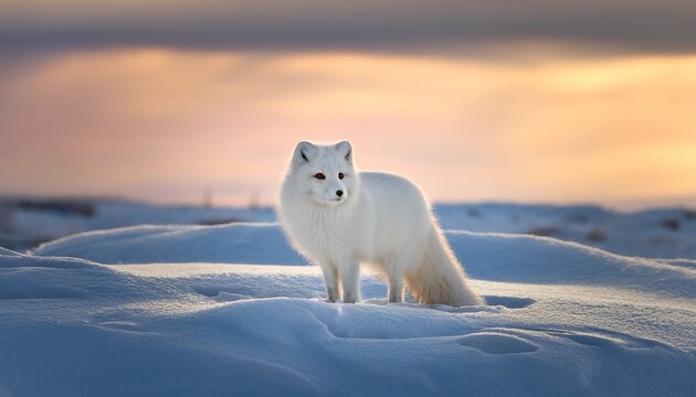 Arctic Fox In Winter Wonderland A Majestic Arctic Fox With Its Pristine White Fur Shimmering Against The Snow Stands Alert In A Breathtaking Winter Landscape During A Soft Sunset