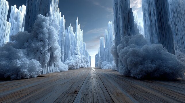 Frozen landscape with ice formations and wooden path, creating a surreal and icy atmosphere.