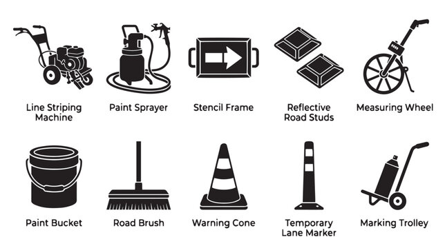 Road marking equipment icons, set of 10 line striping and pavement maintenance tools, industrial paint sprayer and safety gear vector illustrations