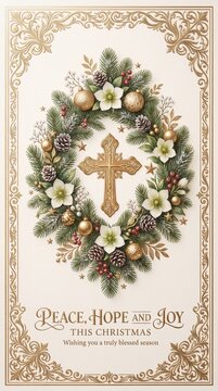 Vintage Christmas Card with Golden Cross and Wreath, golden border on the perimeter 
