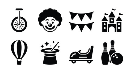 Amusement park and circus icon set featuring unicycle clown bunting flags castle hot air balloon magic hat bumper car bowling vector. © REBEKA